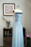 Niulatu Strapless Sheath Applique Evening Dress Blue Tulle Beaded Formal Dress Sweet Birthday Dress HZ1031