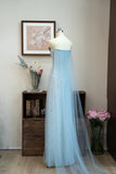 Niulatu Strapless Sheath Applique Evening Dress Blue Tulle Beaded Formal Dress Sweet Birthday Dress HZ1031
