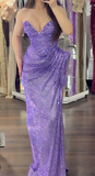 Niulatu Sweetheart Neck Sheath Evening Dress Purple Glitter Net Formal Dress Modest Long Prom Dress HZ1031