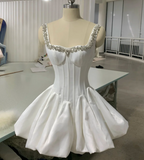 Niulatu Square Neck Ball Gown Satin Short Party Dress Rhinestone Hoco Dresses Elegant Formal Dress Birthday Outfits HZ1031