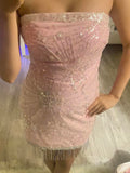 Niulatu Strapless Bodycon Short Party Dress Pink Sparkly Sequin Hoco Dresses Cute Birthday Outfit Formal Dress HZ1031
