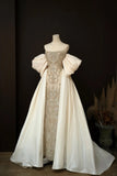Niulatu Strapless Sheath Tulle Evening Gown Champagne Beaded Elegant Long Prom Dresses HZ1031
