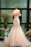 Niulatu Off-the-shoulder Mermaid Tulle Evening Gown Light Coral Beaded Sequin Long Prom Dresses Sweet Birthday Outfits HZ1031