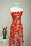 Niulatu Strapless Sheath Tulle Evening Gown Red Lace Applique Long Prom Dresses Bridesmaid Dresses HZ1031