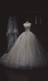 Niulatu White Spaghetti Strap Bridal Dress Sparkly Applique Ball Gown Elegant Beaded Tulle Long Wedding Dress HZ1031