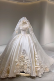 Niulatu White Strapless Bridal Dress with 3D Appliques Ball Gown Elegant Satin Long Wedding Dress HZ1031