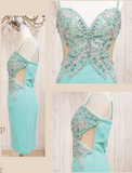 Niulatu Sheath Blue Spaghetti Strap Formal Dress Vintage Short Beaded Satin Homecoming Outfit Elegant Birthday Dress HZ1031