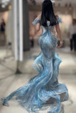 Niulatu Ice Blue Mermaid Off-the-shoulder Long Prom Dresses Stunning Tulle Evening Gowns HZ1031