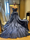 Niulatu Navy Blue Ball Gown Off Shoulder Quinceanera Dress Satin Sweet 16 Dress Graduation Dress HZ1031