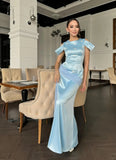 Niulatu Blue Jewel Sheath Evening Dress Satin Party Dress Wedding Guest Dress HZ1031
