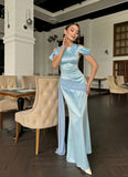 Niulatu Blue Jewel Sheath Evening Dress Satin Party Dress Wedding Guest Dress HZ1031
