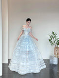 Niulatu Ice Blue Off-Shoulder Ball Gown Long Prom Dress Tulle Sequins Birthday Dress Sweet 16 Dress HZ1031