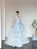 Niulatu Ice Blue Off-Shoulder Ball Gown Long Prom Dress Tulle Sequins Birthday Dress Sweet 16 Dress HZ1031