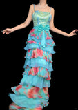Niulatu Blue Spaghetti Straps Sheath Long Formal Dress Floral Chiffon Sweet Birthday Dress HZ1031