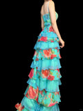Niulatu Blue Spaghetti Straps Sheath Long Formal Dress Floral Chiffon Sweet Birthday Dress HZ1031