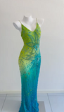 Niulatu Green/Blue V-Neck Sheath Long Formal Dress Beaded Chiffon Elegant Evening Dress HZ1031