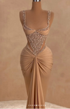Niulatu Strap Mermaid Long Prom Dresses Champagne Beaded Satin Evening Gown Graduation Dress HZ1031
