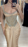 Niulatu Strap Mermaid Long Prom Dresses Champagne Beaded Satin Evening Gown Graduation Dress HZ1031
