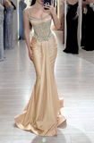 Niulatu Strap Mermaid Long Prom Dresses Champagne Beaded Satin Evening Gown Graduation Dress HZ1031