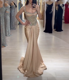 Niulatu Strap Mermaid Long Prom Dresses Champagne Beaded Satin Evening Gown Graduation Dress HZ1031