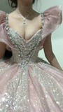 Niulatu V-neck Ball Gown Quinceanera Dress Sparkly Tulle Long Prom Dresses Pink Sweet 16 Dress HZ1031