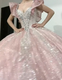Niulatu V-neck Ball Gown Quinceanera Dress Sparkly Tulle Long Prom Dresses Pink Sweet 16 Dress HZ1031