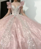 Niulatu V-neck Ball Gown Quinceanera Dress Sparkly Tulle Long Prom Dresses Pink Sweet 16 Dress HZ1031