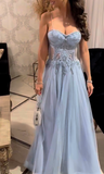 Niulatu Spaghetti Strap A-Line Formal Evening Dresses Cute Appliqu¨¦ Long Birthday Dress Gray Blue Tulle Prom Dresses HZ1031