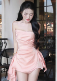Niulatu Pink Sheath Short Homecoming Dress Strapless Birthday Party Dress Satin Formal Dress HZ1031