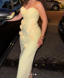 Niulatu Yellow Sheath Evening Gown Modest Sweetheart Neck Applique Formal Dress Satin Birthday Outfit HZ1031