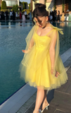 Niulatu Yellow A-Line Short Homecoming Dress Tulle Straps Birthday Dress Fairy Graduation Prom Dress HZ1031