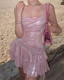 Niulatu Pink Sheath Short Homecoming Dress Satin Spaghetti Straps Birthday Dress Pool Party Dress HZ1031