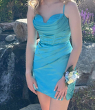 Niulatu Blue Bodycon Short Homecoming Dress Spaghetti Strap Satin Formal Dress Graduation Party Dress HZ1031