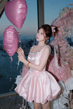Niulatu Pink Ball Gown Birthday Dress Strap Short Homecoming Dress Beaded Satin Formal Dress HZ1031