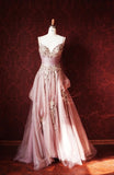 Niulatu A-Line Spaghetti Strap Tulle Long Prom Dress with Beaded Appliques Sweet 16 Dress HZ1031