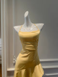 Niulatu Sheath Halter Satin Long Prom Dress Yellow Backless Formal Dress Hi-Lo Evening Dress HZ1031
