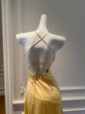 Niulatu Sheath Halter Satin Long Prom Dress Yellow Backless Formal Dress Hi-Lo Evening Dress HZ1031