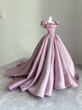 Niulatu Dusty Pink Ball Gown Satin Long Prom Dress Jewel Short Sleeve Quinceanera Sweet 16 Dress HZ1031
