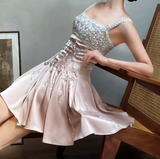 Niulatu A-Line Square Neck Short Birthday Prom Dress Satin Beaded Formal Dress Graduation Dress Middle School Homecoming Dress HZ1031