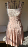 Niulatu A-Line Square Neck Short Birthday Prom Dress Satin Beaded Formal Dress Graduation Dress Middle School Homecoming Dress HZ1031
