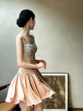 Niulatu A-Line Square Neck Short Birthday Prom Dress Satin Beaded Formal Dress Graduation Dress Middle School Homecoming Dress HZ1031
