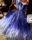 Niulatu Off-the-shoulder A-Line Tulle Long Prom Dress Blue Formal Evening Dress HZ1031