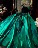 Niulatu Strapless A-Line Satin Lace Applique Long Prom Dress Vintage Green Formal Evening Dress HZ1031