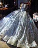 Niulatu Strapless A-Line Bridal Dress Tulle Beaded Applique Long Prom Dress Silver Grey Formal Evening Dress HZ1031