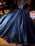 Niulatu Strapless A-Line Tulle Sequin Long Prom Dress Navy Blue Formal Evening Dress HZ1031