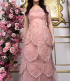 Niulatu Strapless Sheath Tulle Beaded Long Prom Dress Peach Formal Evening Dress HZ1031