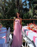 Niulatu Strapless Sheath Chiffon Long Prom Dress Pink Formal Evening Dress HZ1031