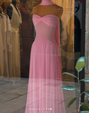 Niulatu Strapless Sheath Chiffon Long Prom Dress Pink Formal Evening Dress HZ1031