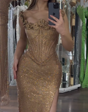 Niulatu Spaghetti Strap Sheath Long Prom Dress£¬Gold Formal Evening Dress HZ1031