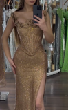 Niulatu Spaghetti Strap Sheath Long Prom Dress£¬Gold Formal Evening Dress HZ1031